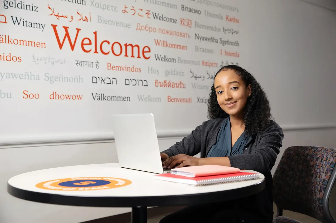 Student sits at a desk with a computer
