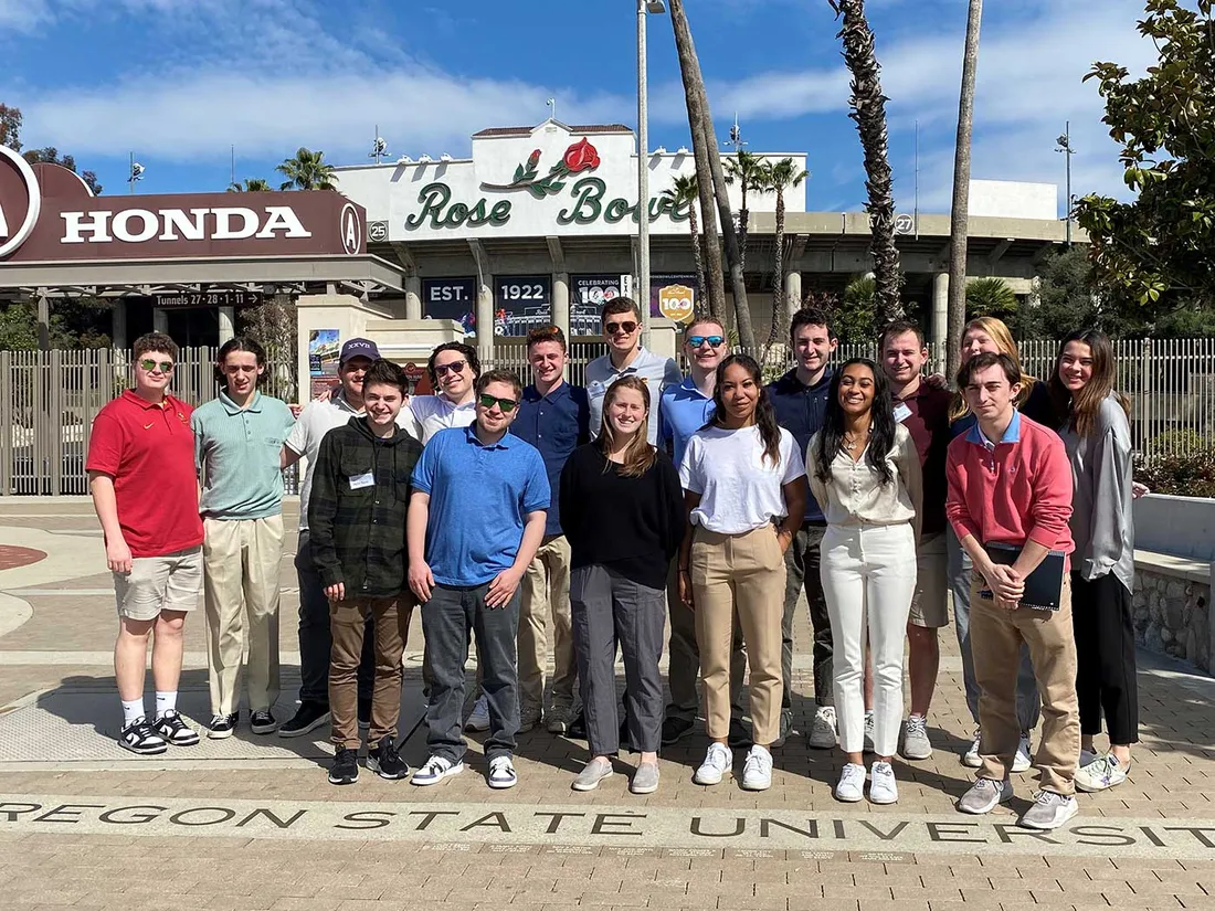 students standing together outside on the sidewalk in Los Angelas