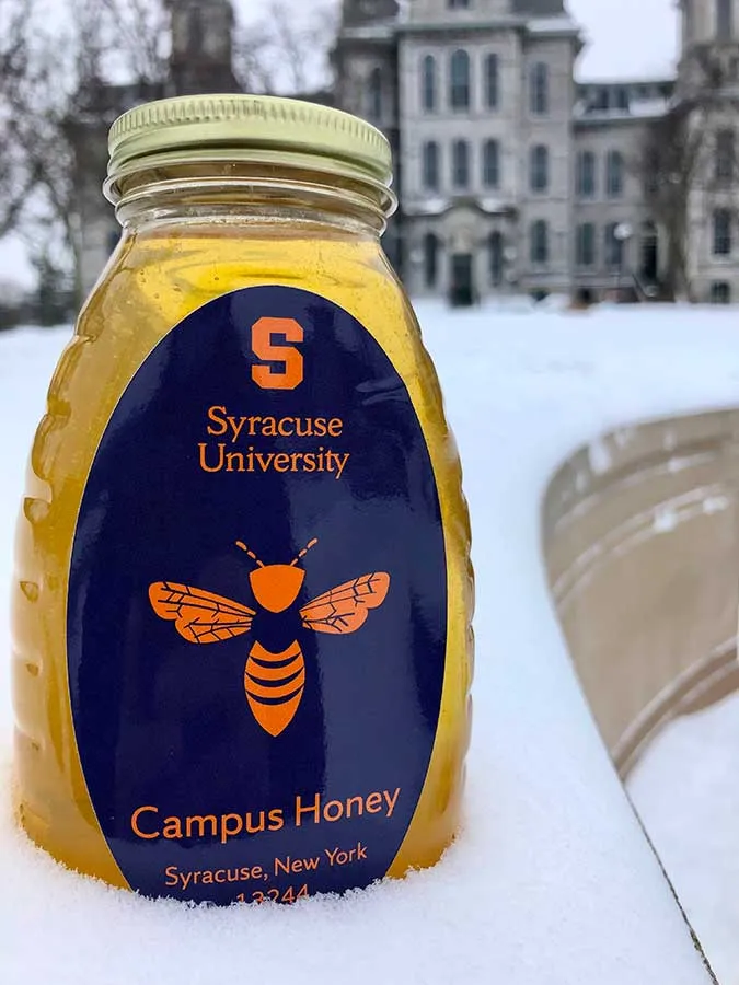 glass container of SU campus honey set on brick wall that is covered with snow