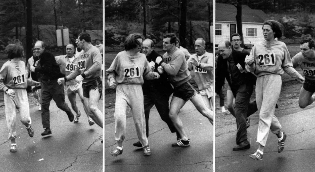 Historic photo of Katherine Switzer running the Boston marathon