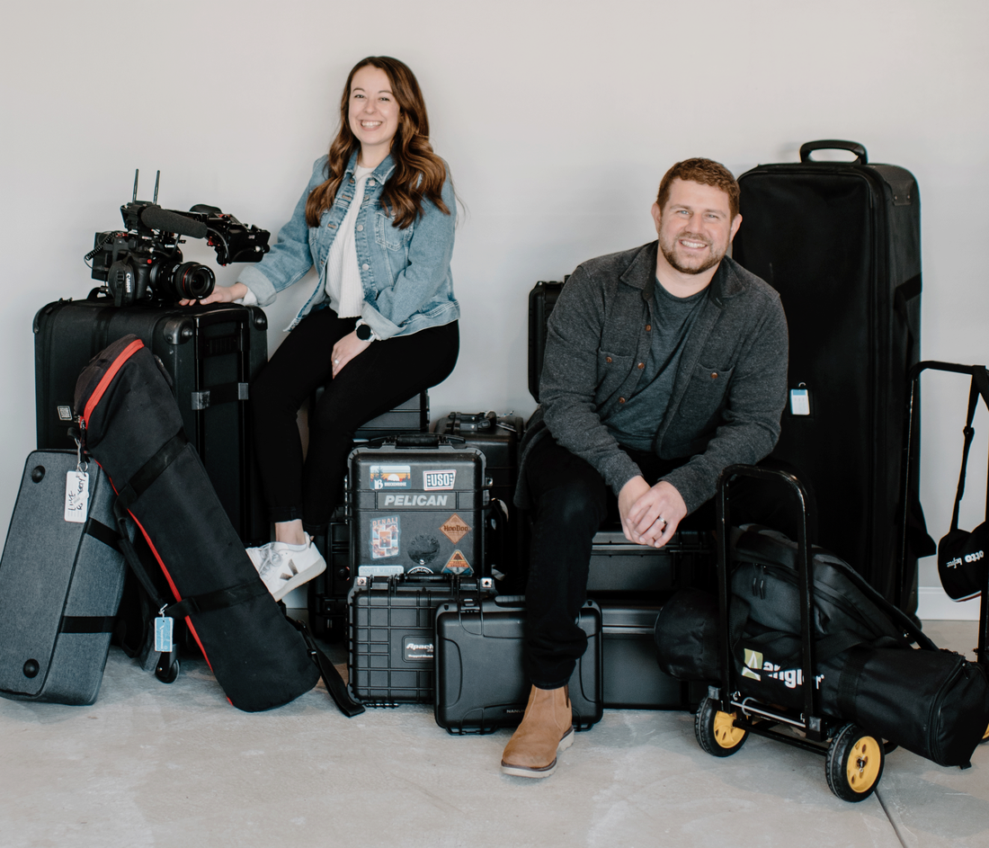 Hannah and her husband, Luke Rafferty ’16, with equipment they use for work