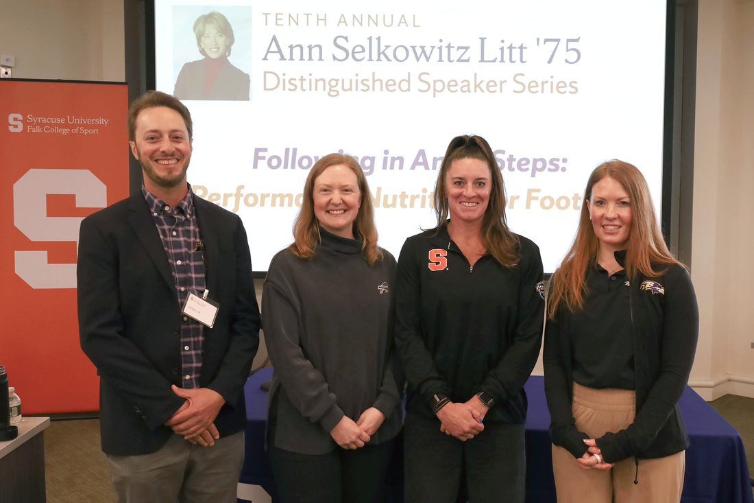 standing together the three panelists from the 10th Ann Selkowitz Litt ’75 Distinguished Speaker Series join Jordan Litt, son of Ann Litt.