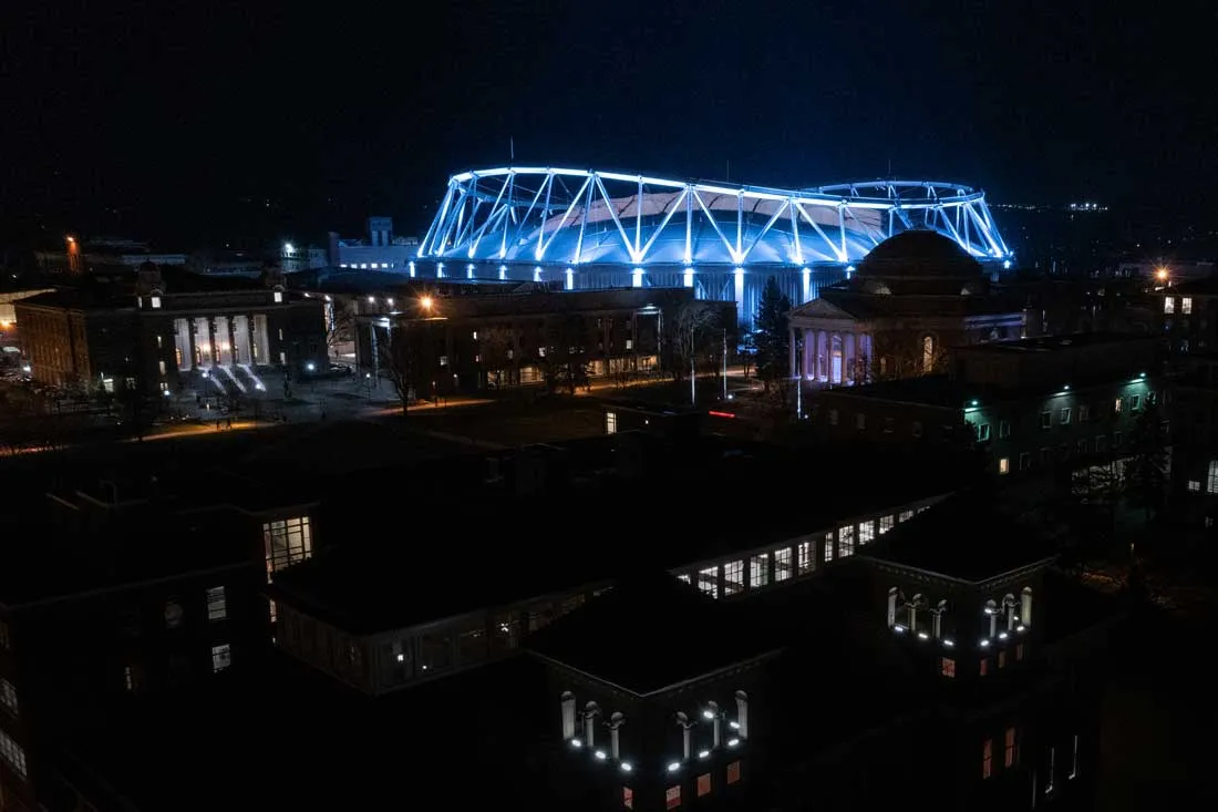 exterior view of jma wireless done lit up at night