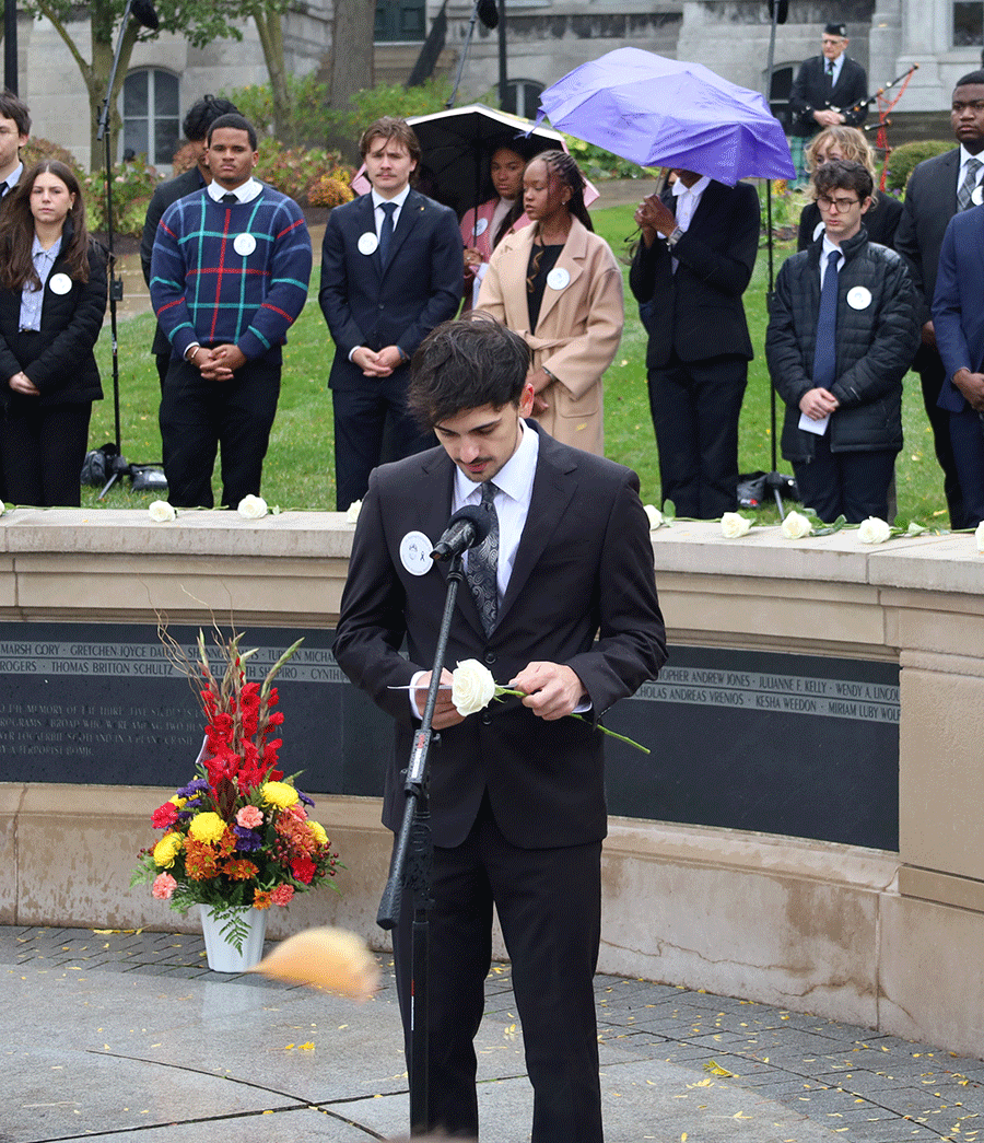 Michael Dembris reads his dedication during ceremony