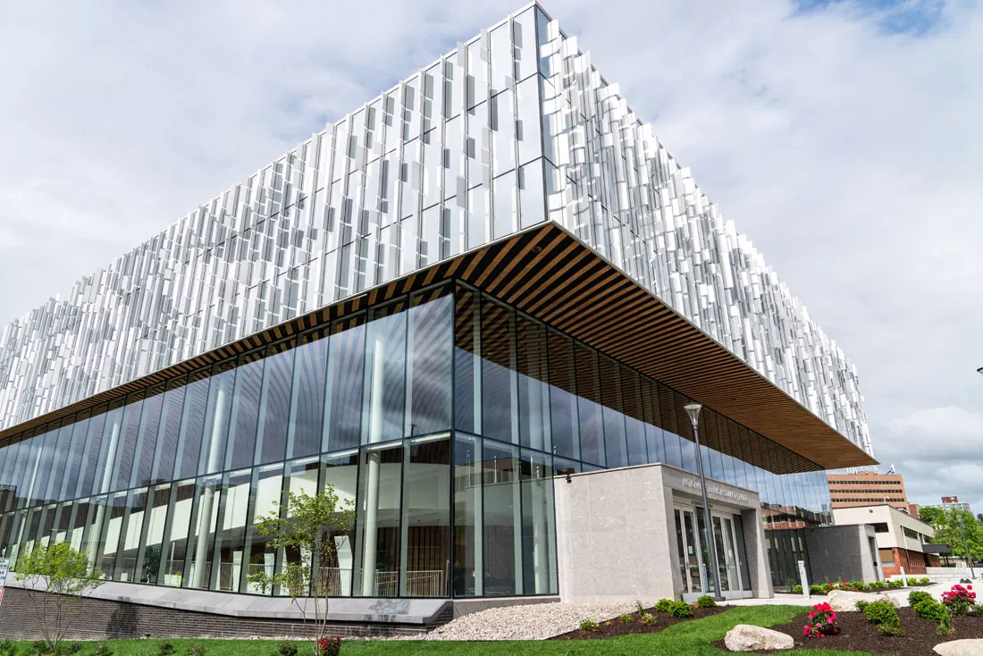 exterior view of building with glass windows all around