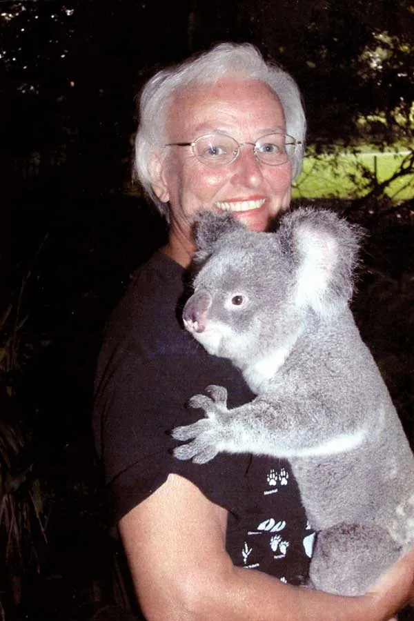 Jean Bowering holding a Koala